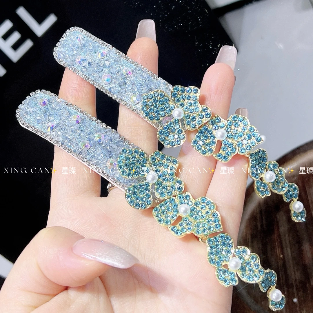 青金碎瓣花朵吊坠复古港风发夹镶钻女碎发夹网红边夹侧边夹刘海夹