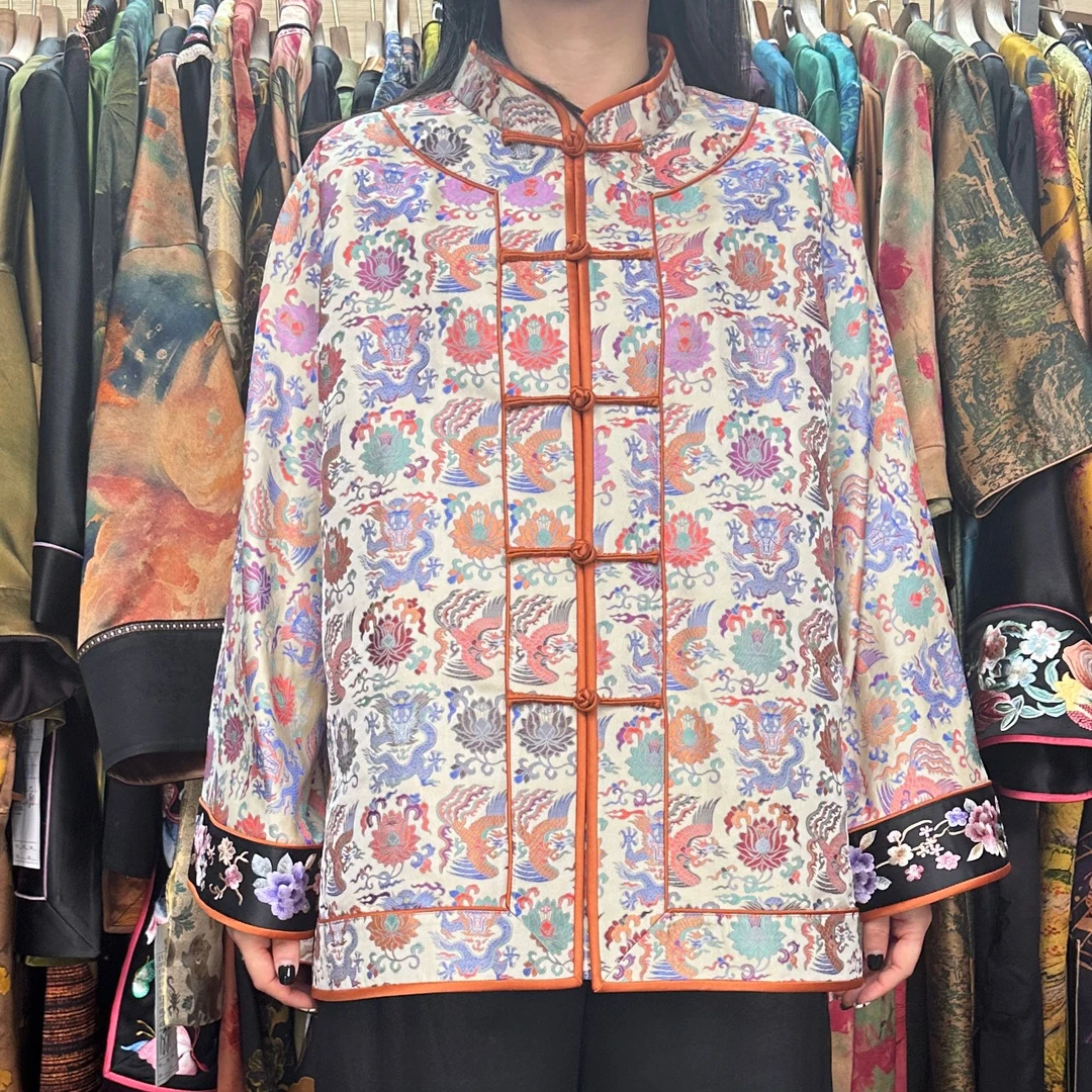 宋锦贴边手工苏绣龙凤穿莲100桑蚕丝香云纱对开襟太太服中国风