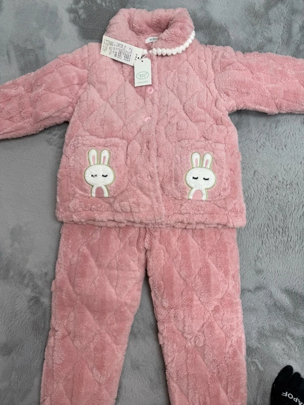 冬季居家保暖套装加绒加厚三层夹棉男童女童保暖法兰绒家居服套装