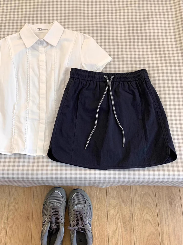 藏蓝色工装短裙女夏包臀裙松紧腰复古防走光小个子速干运动半身裙