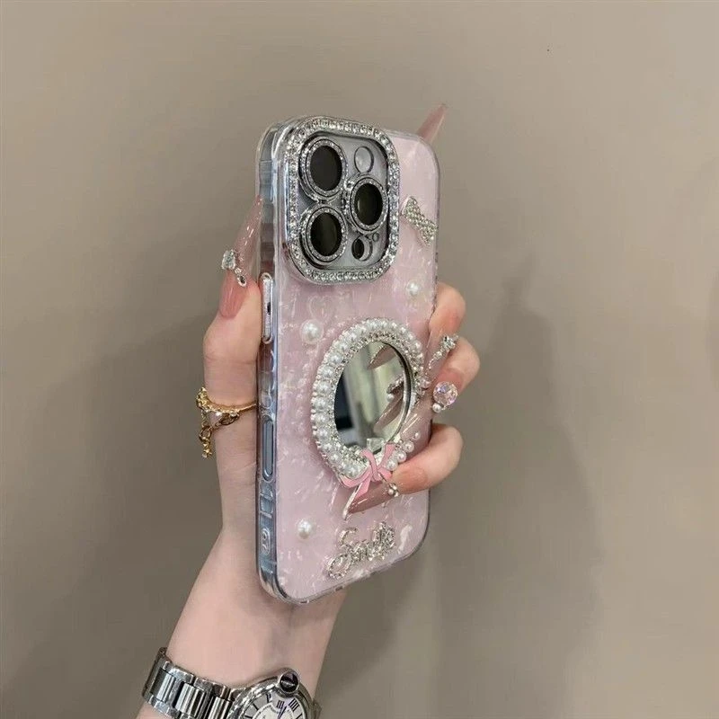 奢华珍珠补妆镜适用iPhone16promax手机壳15pro时尚14全包13女