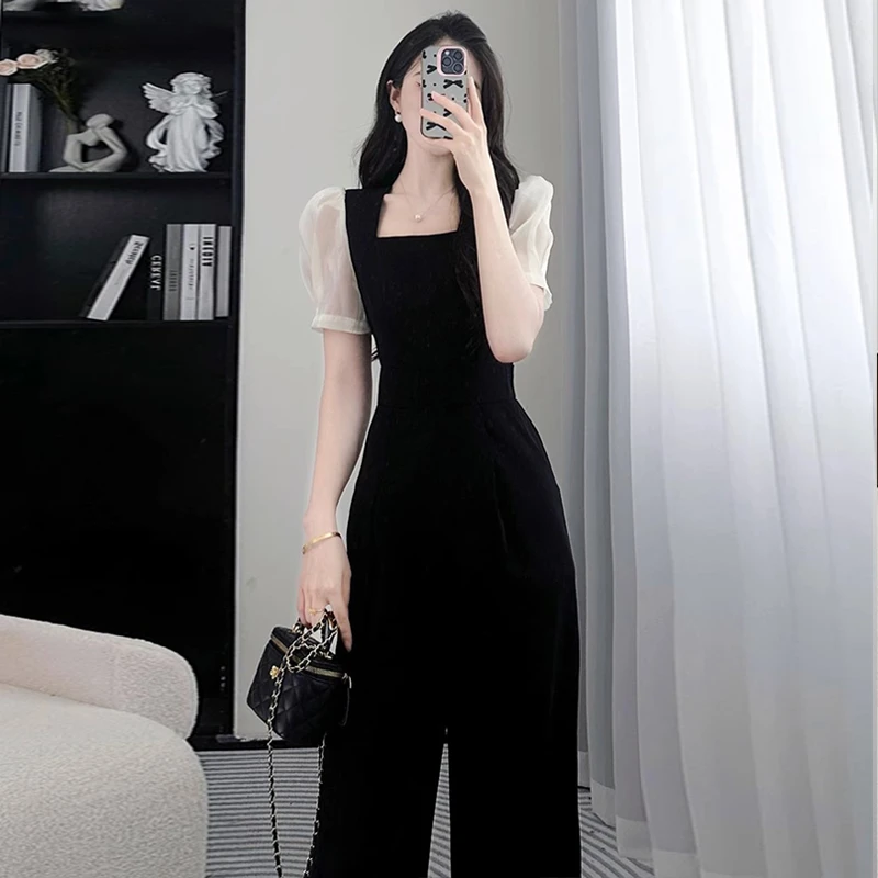 【沐紫】法式高级感黑色连体裤女2025夏季新款气质阔腿连身裤D1234