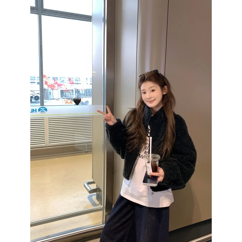 老钱风松弛感宽松百搭毛毛保暖外套秋冬高腰慵懒风垂感阔腿裤套装