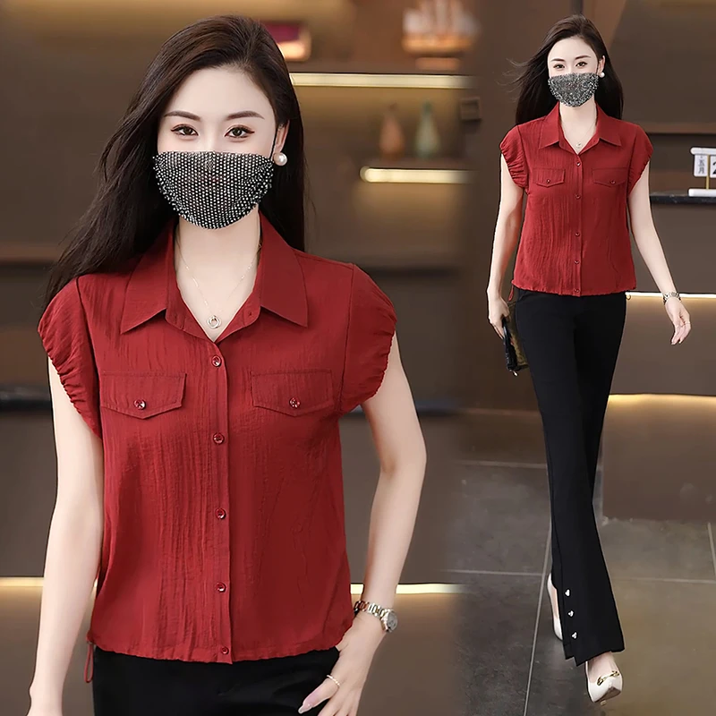 时尚洋气短袖衬衫女2025夏季新款韩版宽松遮肚子显瘦衬衣上衣