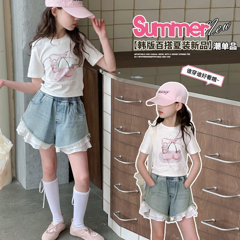 女童短袖短裤套装夏季2025新款儿童蝴蝶结T恤牛仔女孩两件套薄款