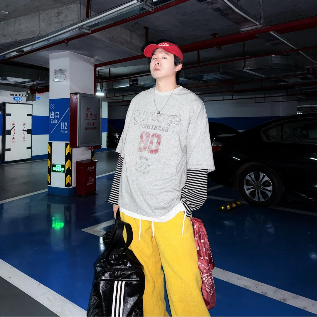 【NEW2025春假两件】潮流复古美式叠穿条纹印花宽松长袖T恤男女