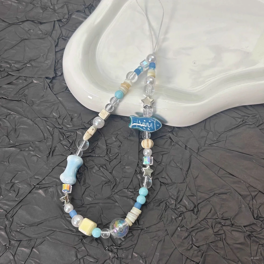 小蓝鱼手机链新款挂绳相机挂链短款挂饰可爱珠串挂件链条防摔挂坠