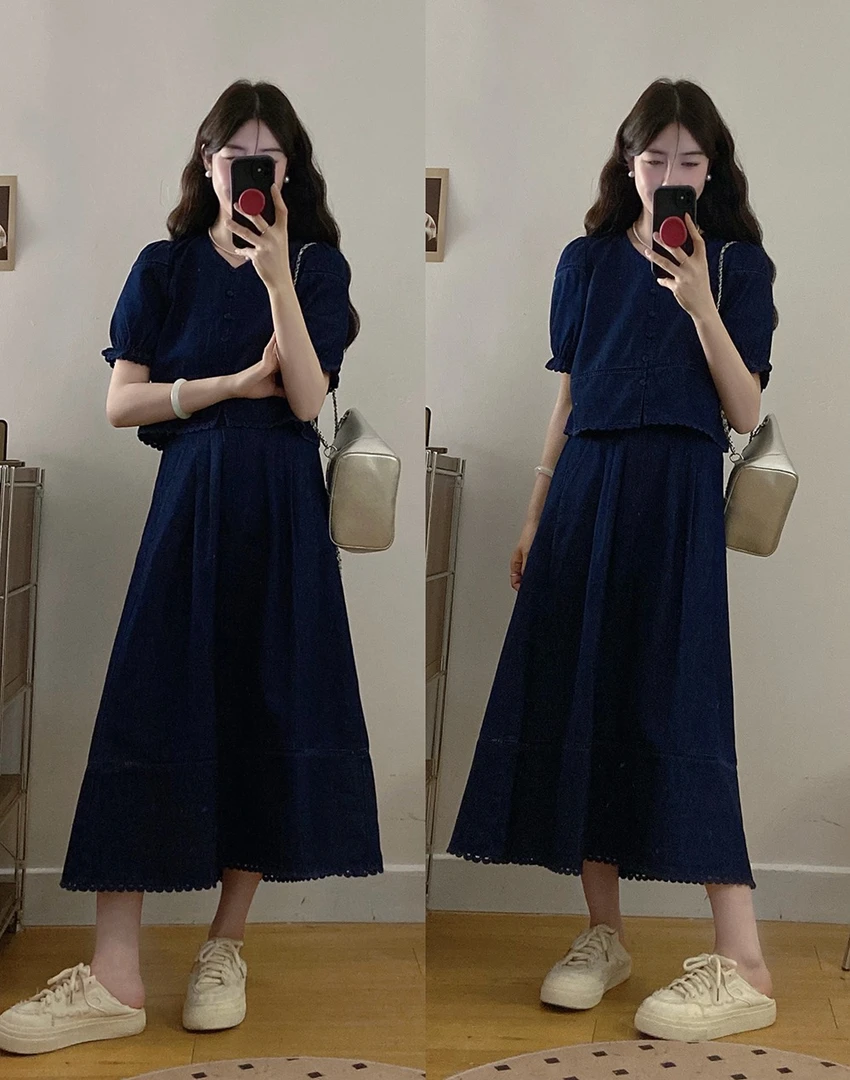 酸酸子大码套装夏新款复古显瘦牛仔短袖开衫上衣A字半身裙两件套