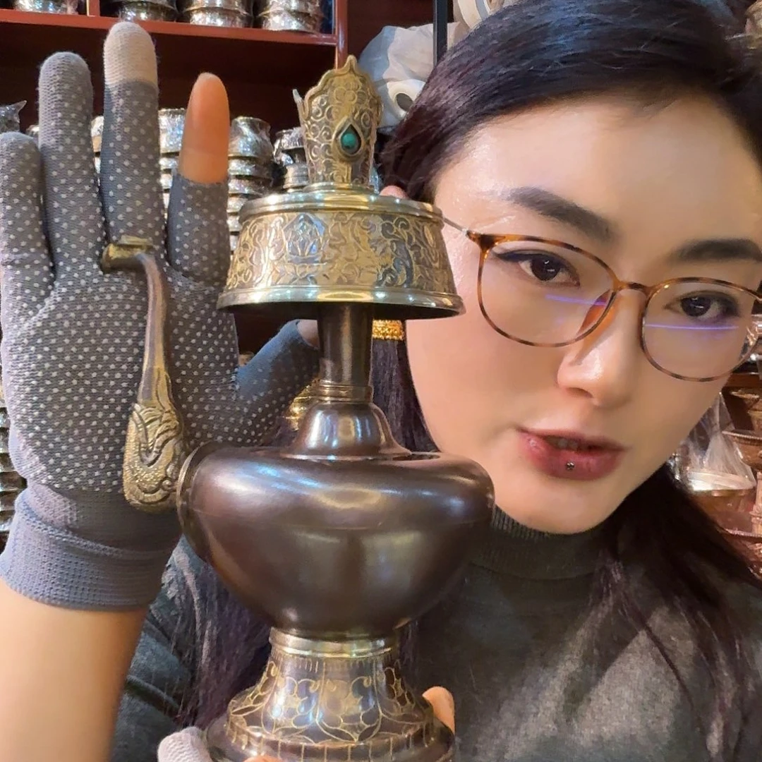 铜尼泊尔纯手工纯紫铜鎏金宝瓶一对