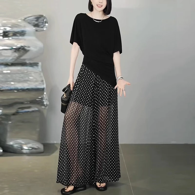 圆领夏季显瘦时尚套装女2025年休闲风洋气短袖T恤拼接裙裤两件套