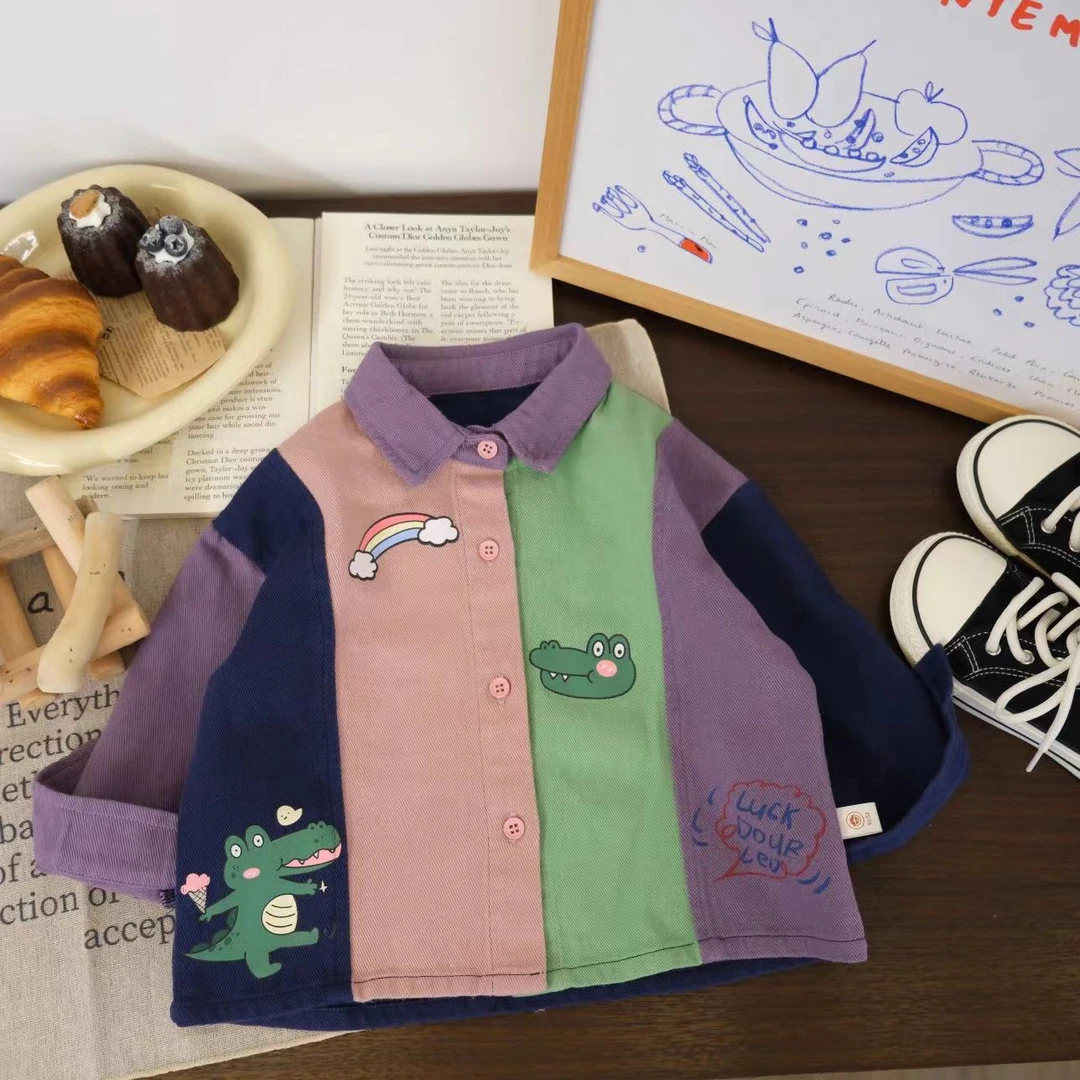 儿童春秋韩版卡通印恐龙拼色衬衫外套H1594