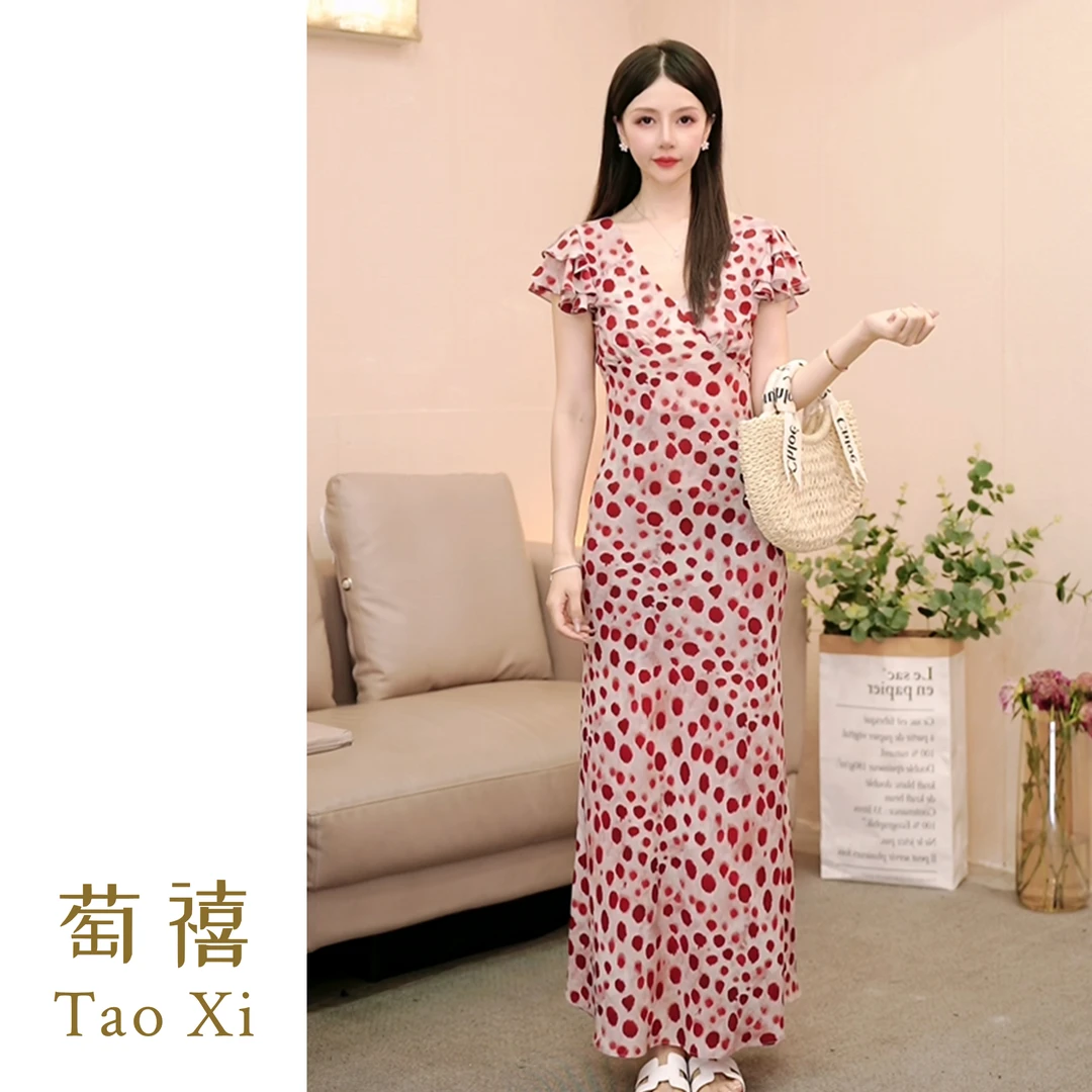 【萄禧】极简风波点高级气质V领显瘦款文艺复兴风连衣裙TX05QZ0341