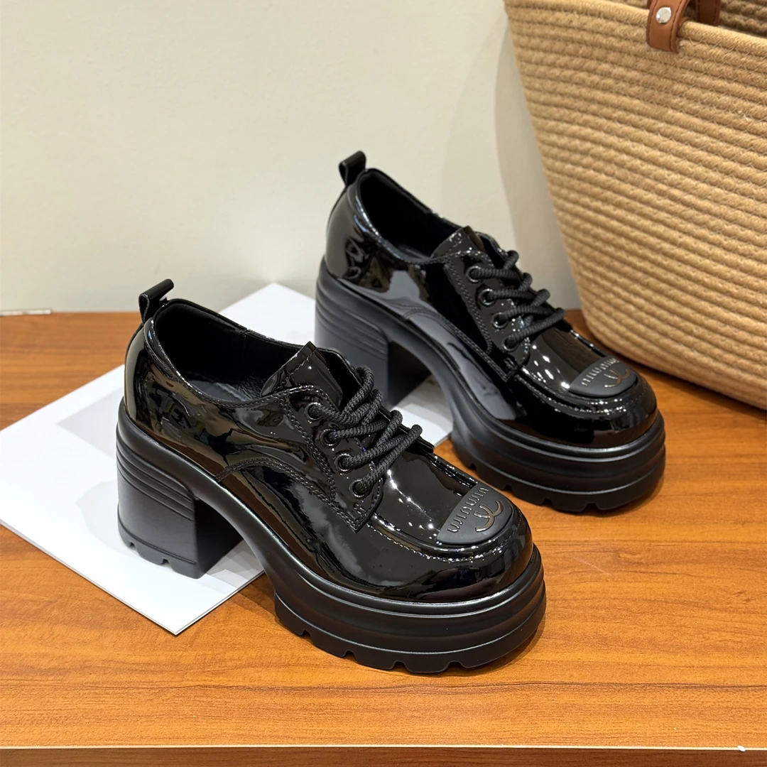 8cm厚底系带jk单鞋漆皮小皮鞋女2025新款秋季日系百搭圆头小皮鞋