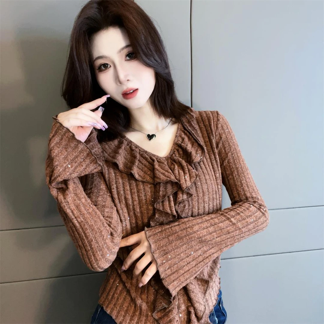 2025秋季新款 法式木耳边设计长袖T恤女修身显瘦百搭气质上衣262