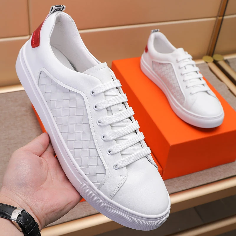 紬祗新款欧洲站小白鞋男真皮编织潮流百搭休闲板鞋男士黑色皮鞋潮