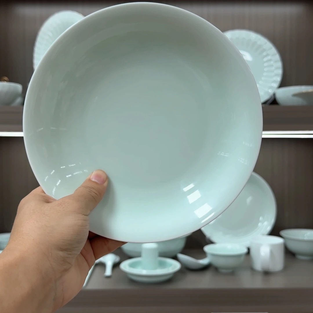 青瓷纯青色8寸深盘20个