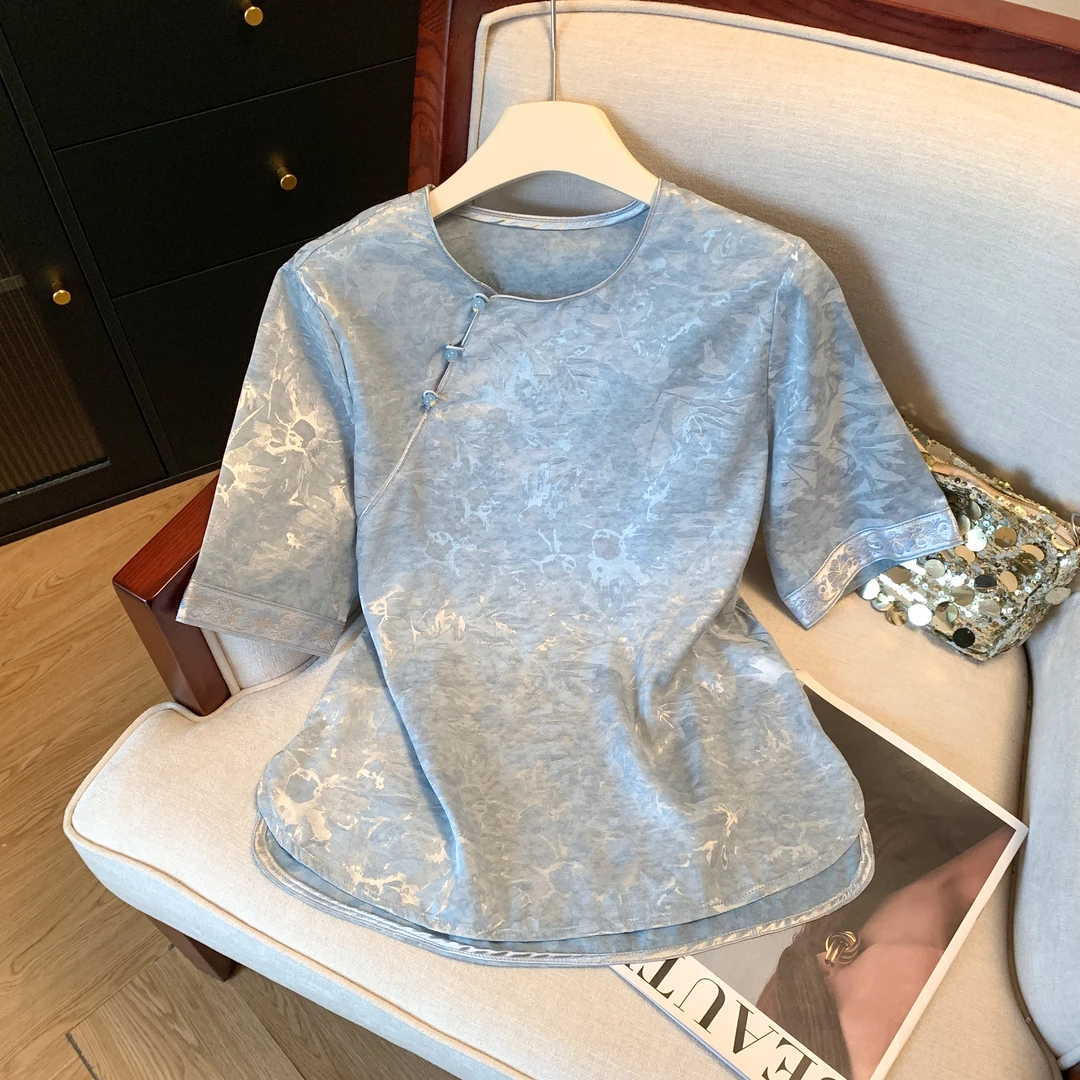 高级感新中式复古提花斜襟圆领短袖衬衫夏轻奢小众优雅气质小衫女