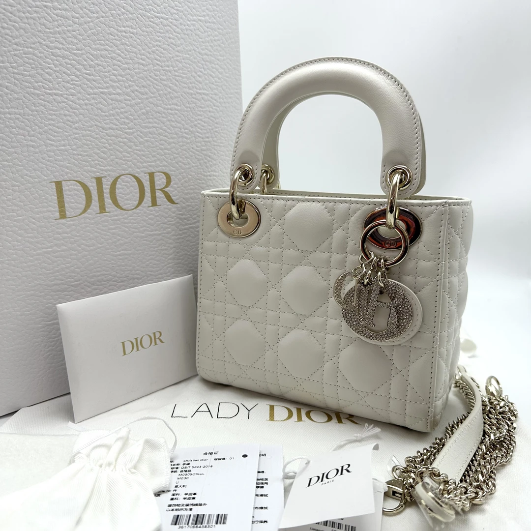 99新 DIOR/迪奥 白金钻扣25年三格黛妃手提单肩斜挎包 32578