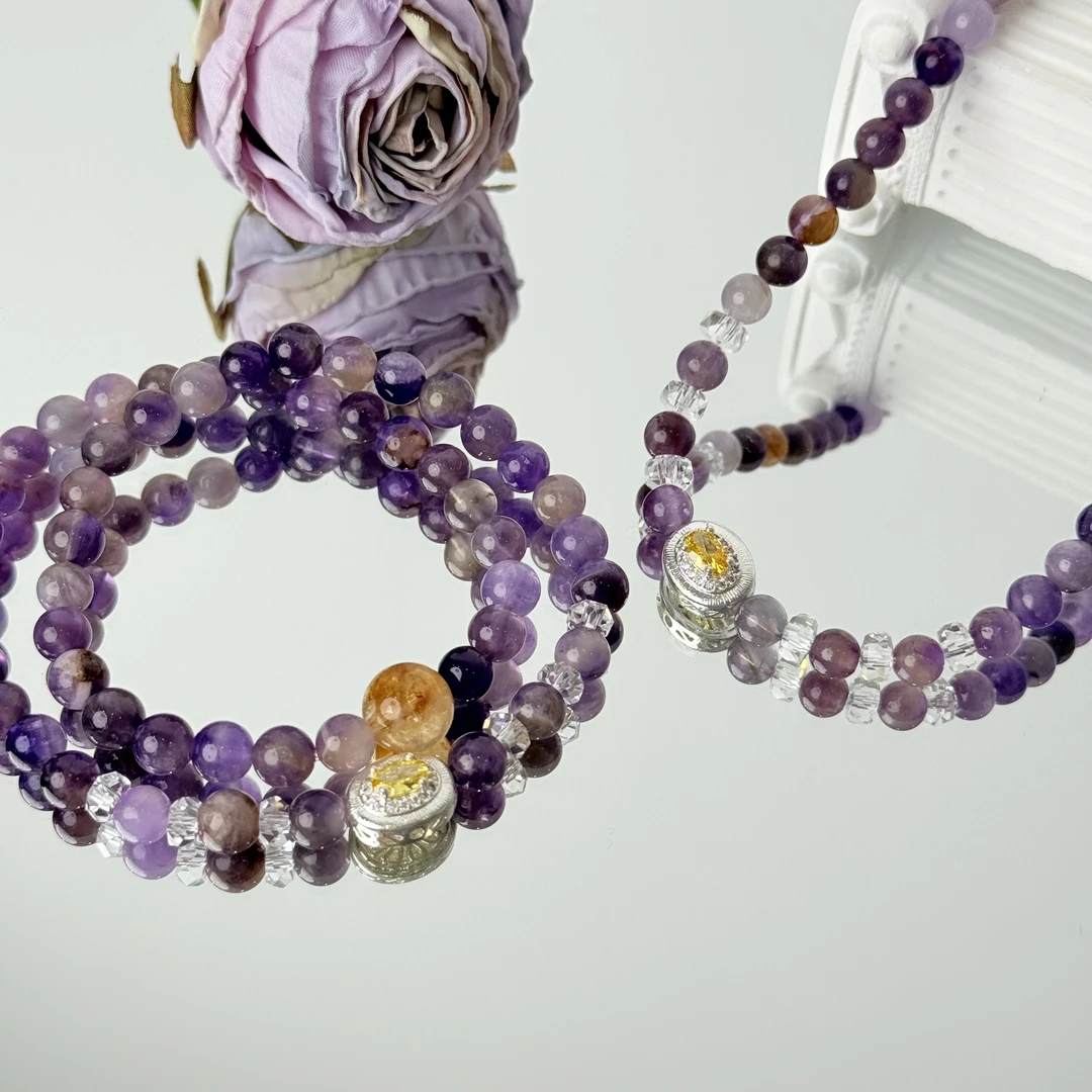 【紫晶双圈】紫水晶黄塔晶手串6-12mm面小仙多样性发其一