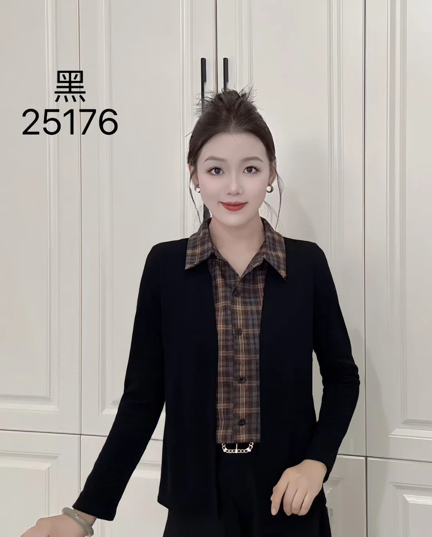 176#秋季上新假两件纯色外搭经典格子内衬气质百搭衬衫