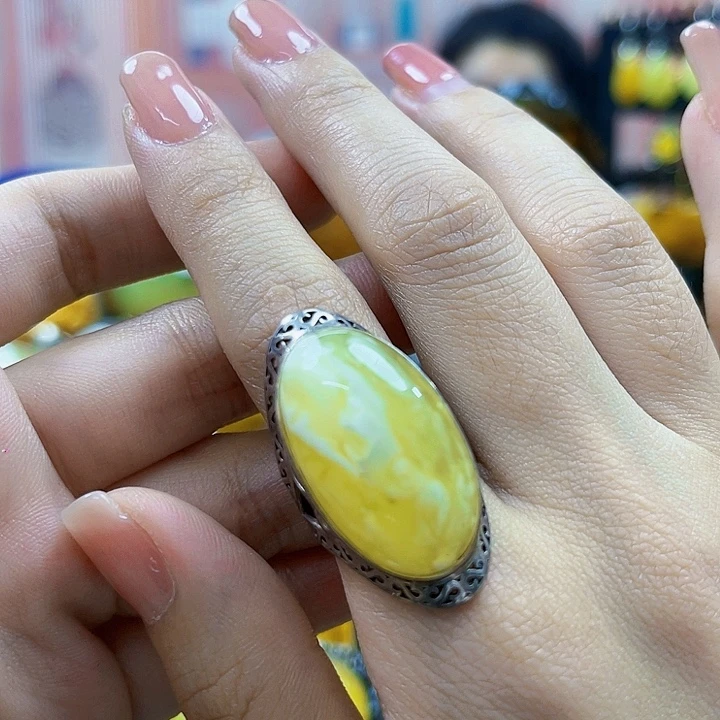 琥珀银S925镶嵌戒指戒指