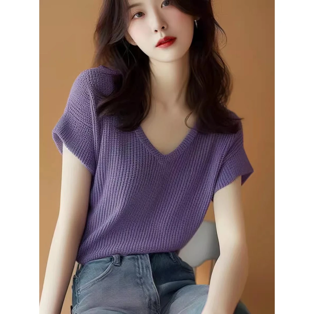 紫色华夫格针织短袖T恤女2025新款夏季高端欧货洋气爆款别致上衣
