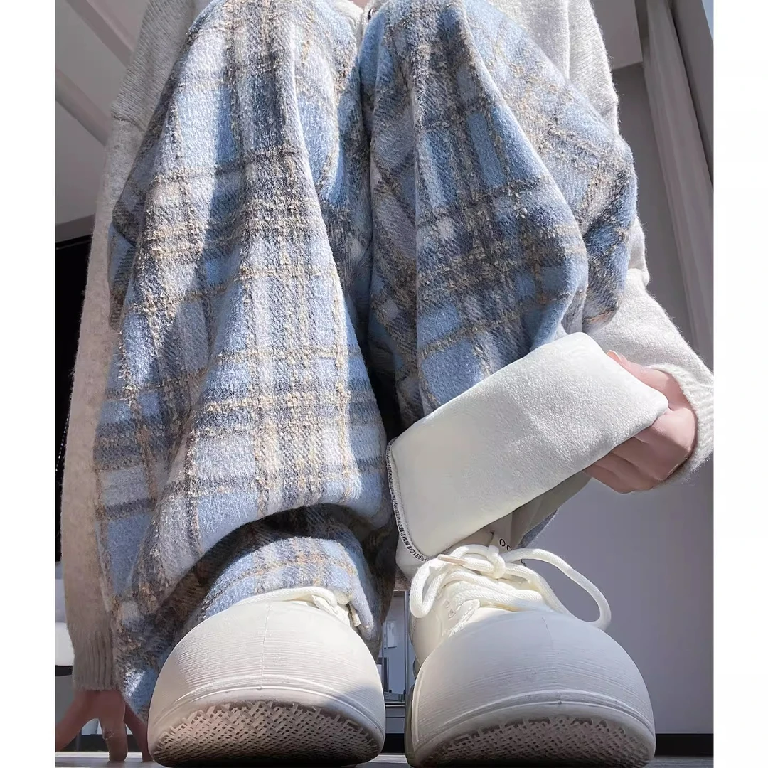 蓝色毛呢格子裤女秋冬2025新款休闲宽松直筒棉裤小个子加绒阔腿裤