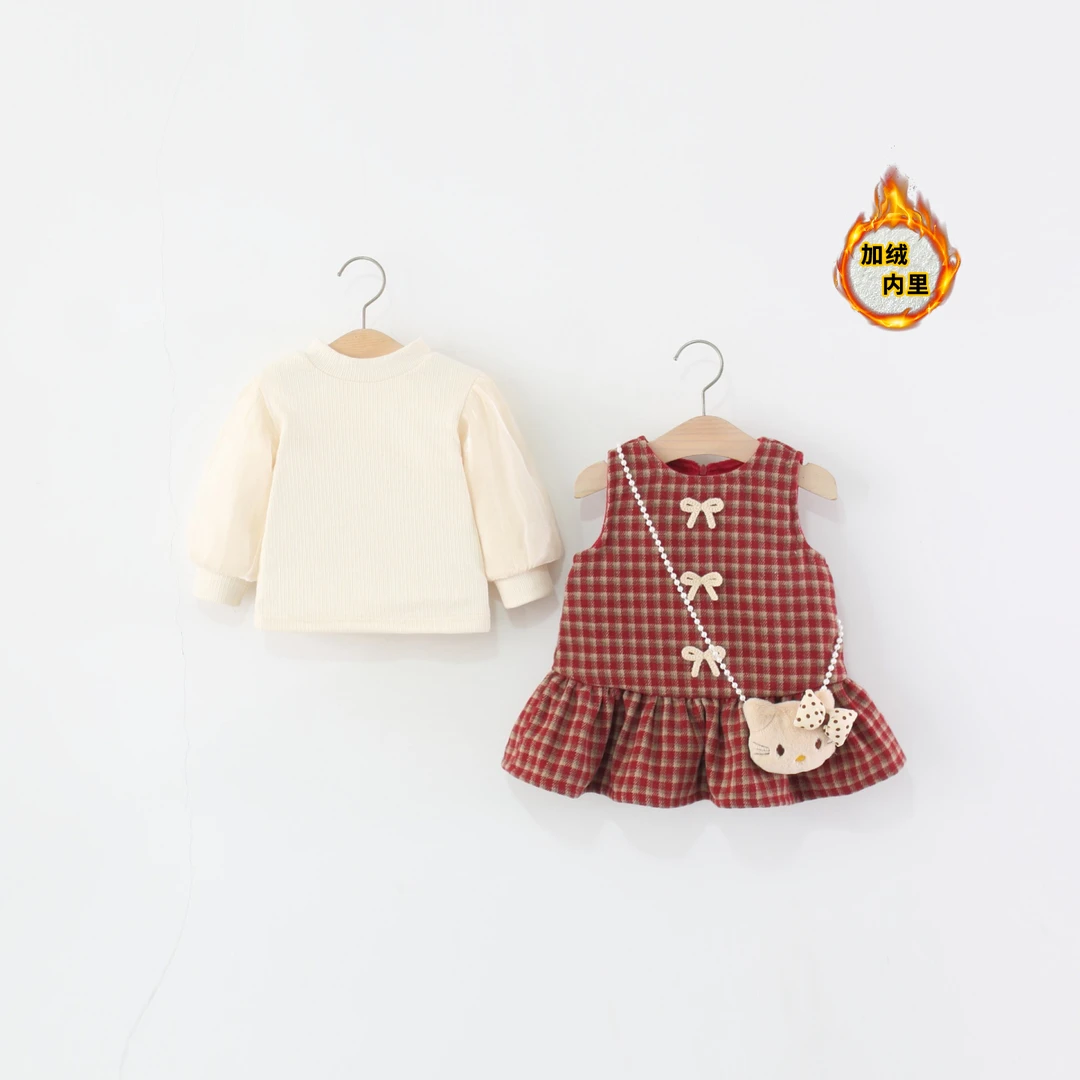 童装女童裙套装冬季加绒儿童女宝宝格纹蝴蝶结背心裙子两件套洋气