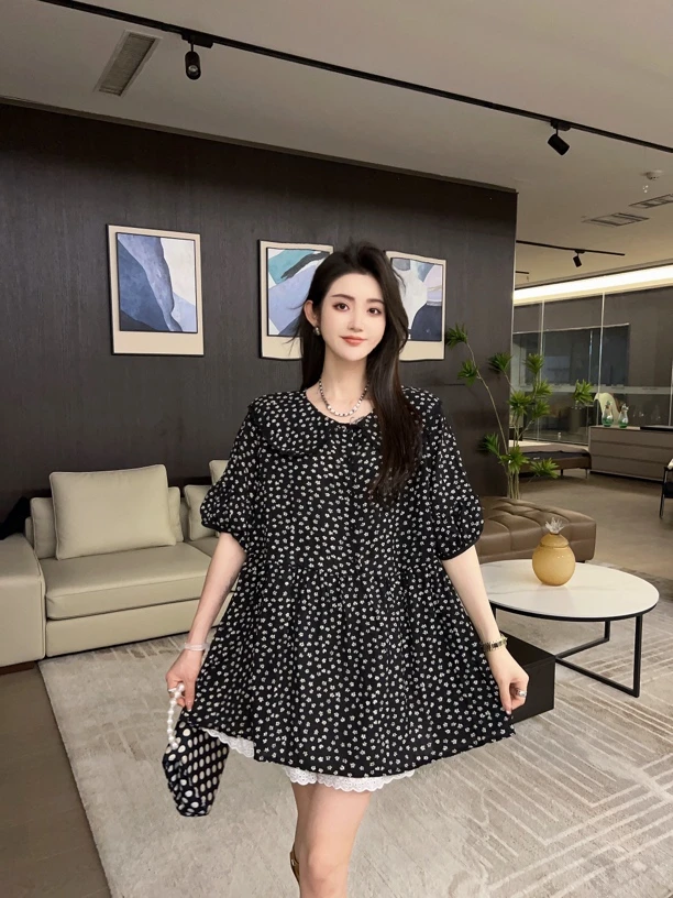 夏季欧货碎花衬衫减龄娃娃领遮肉宽松慵懒大码森系新中式中长上衣