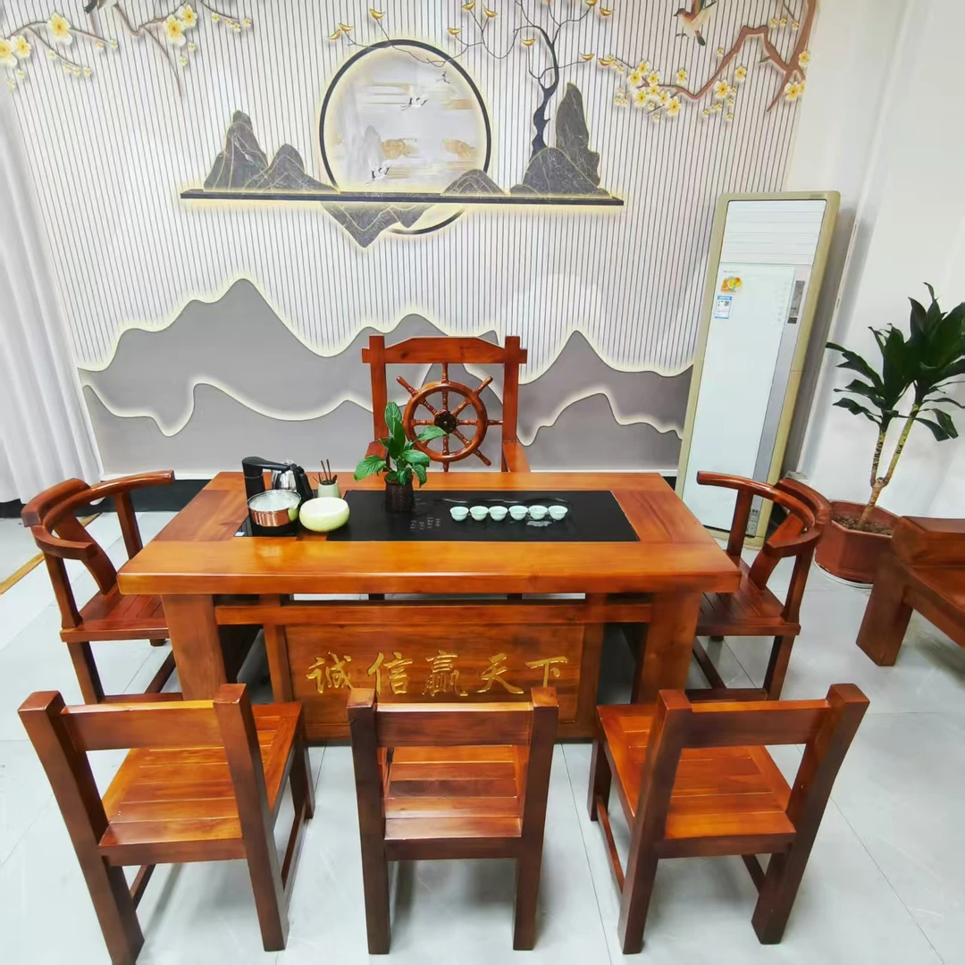 老船木茶桌中式榫卯纯实木禅意功夫茶台家用办公室泡茶几桌椅组合