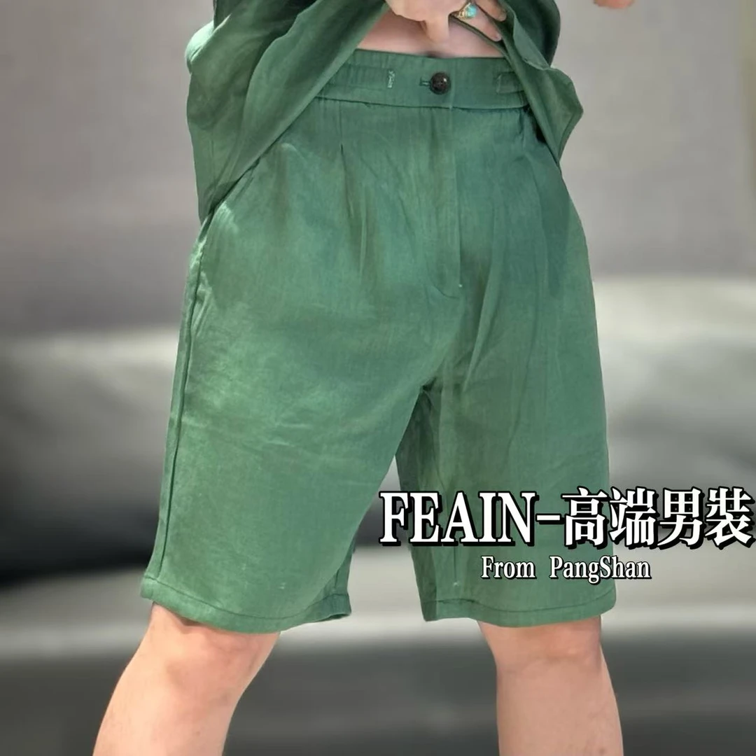 【100%亚麻】B*C同款男士无袖衬衫系扣系带松紧短裤5630