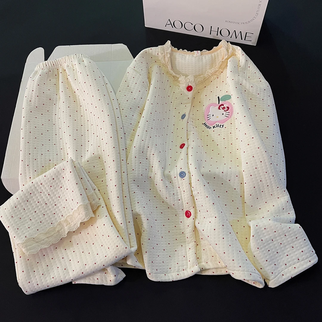 韩系ins睡衣女新款秋冬季空气棉夹层加厚保暖可爱猫咪家居服套装