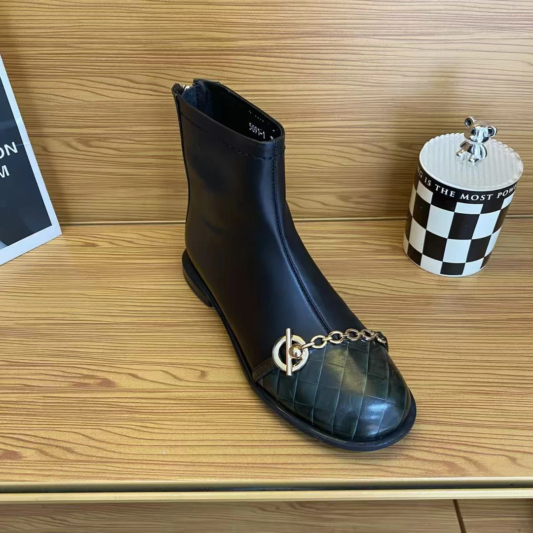 5091-1圆头真皮平底低跟短靴拼色马丁靴