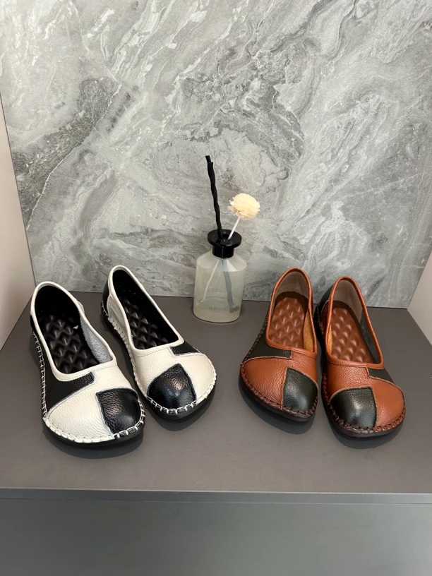 夏季新款浅口拼色秋款原创复古手工牛皮多巴胺穿搭森系风单鞋