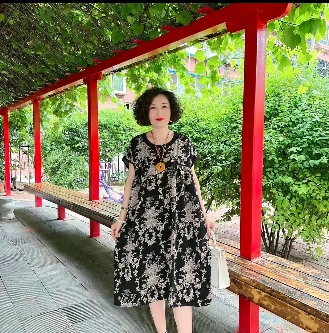 夏季女式复古洋气衣服印花松弛感女装气质连衣裙