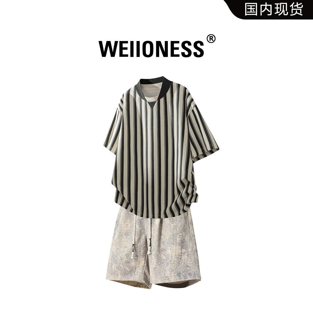 WEIIONESS高级感条纹短袖T恤套装男夏季宽松休闲两件套设计师男装