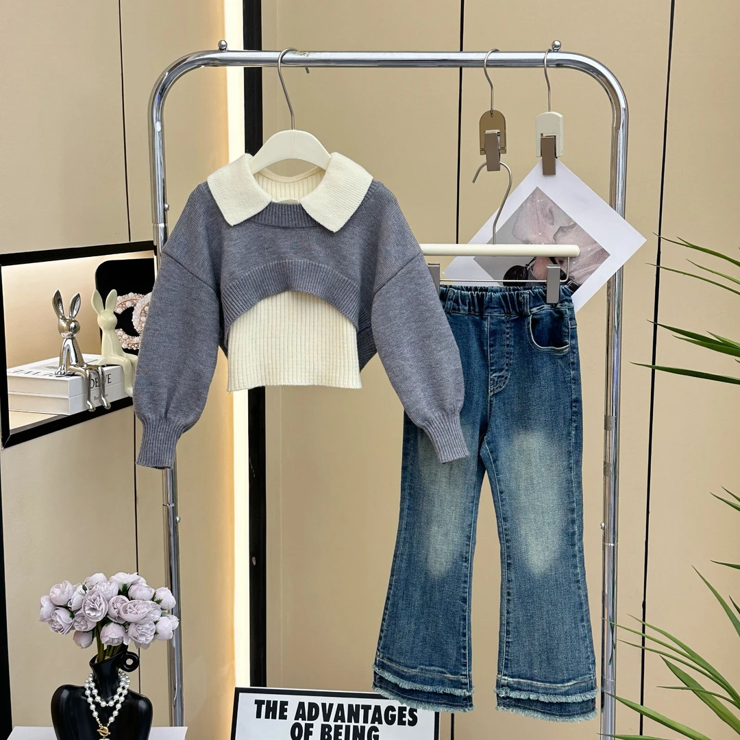 【糖宝魔豆】女童秋装套装2024新款韩版中大童时髦针织毛衣+牛仔裤