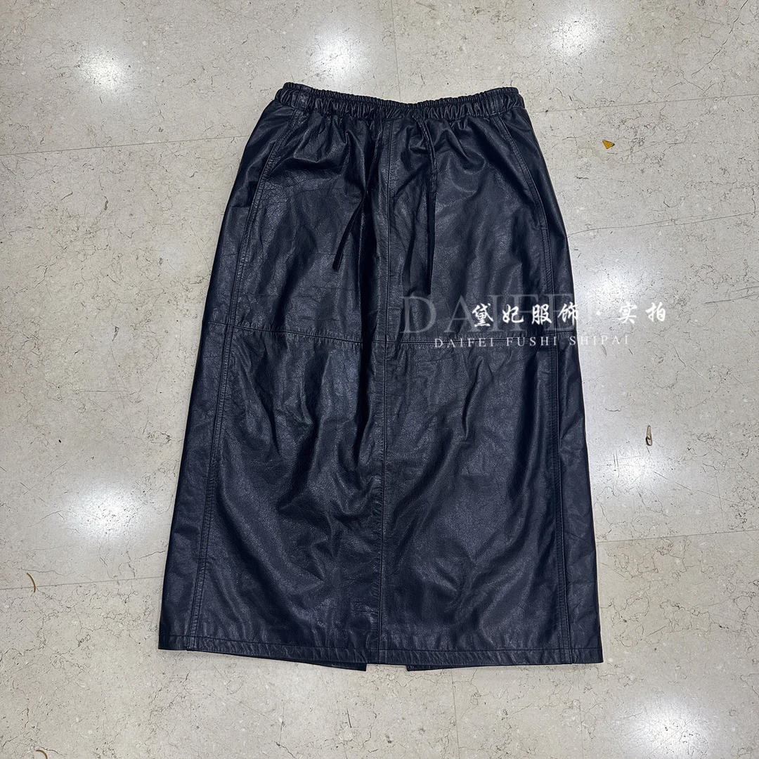 2025秋冬新款真皮牛皮油蜡中长休闲松紧抽绳开叉半身裙显瘦港风女