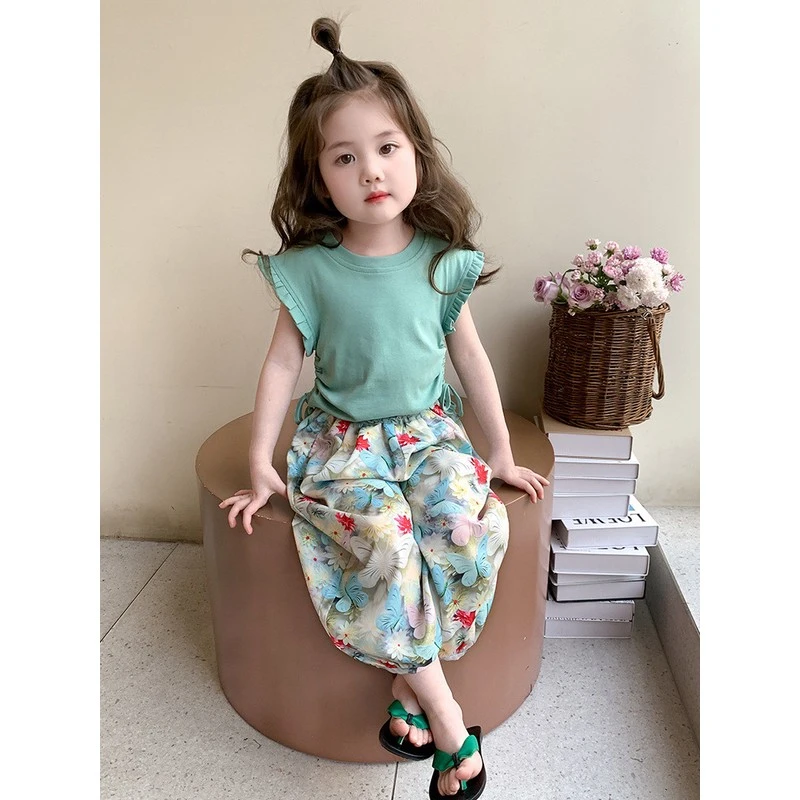 女童短袖套装洋气时髦儿童夏季碎花防蚊裤休闲两件套小女孩夏装潮