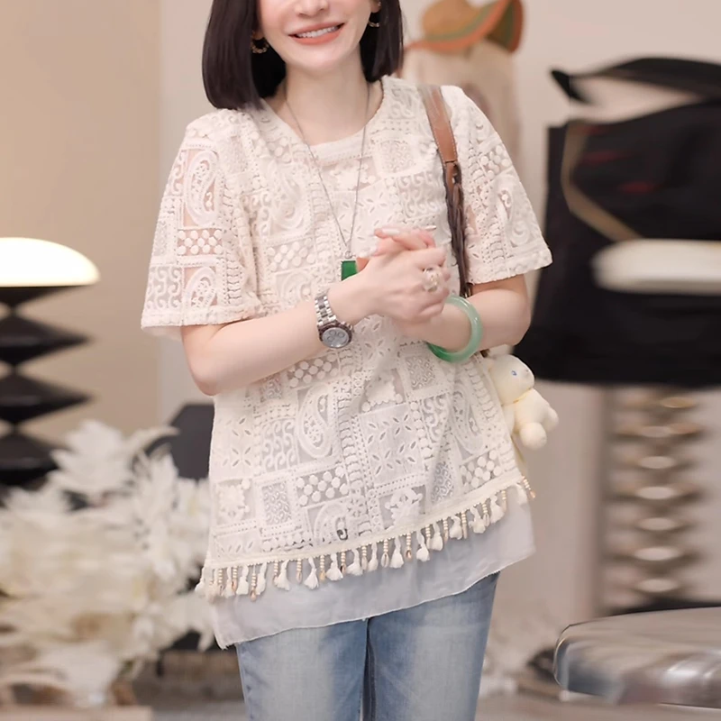 镂空刺绣短袖t恤女2025夏季新款时尚减龄宽松设计感蕾丝气质上衣