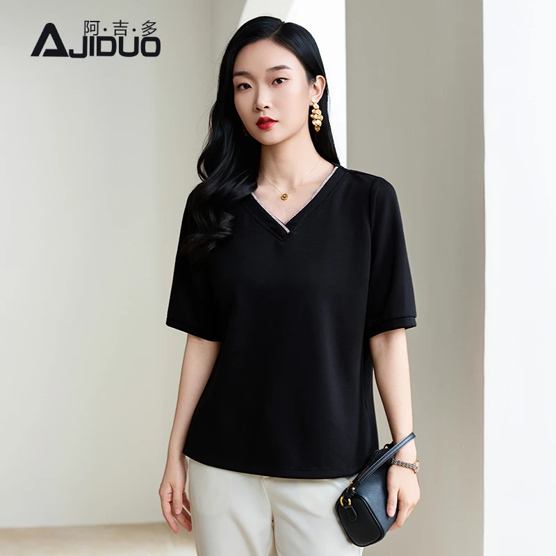 阿吉多短袖黑色t恤女夏季2025新款简约高级百搭大码宽松针织上衣