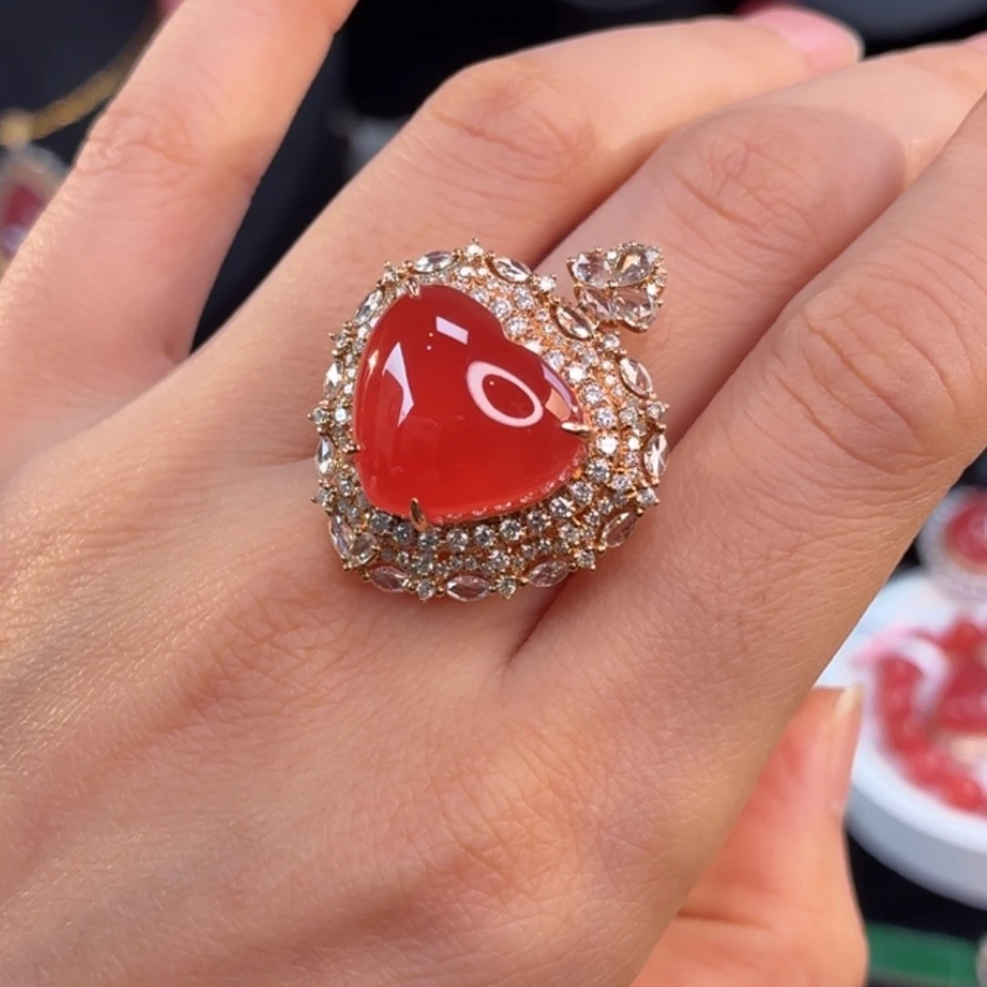 菱锰矿（红纹石）18K金镶嵌戒指两用款