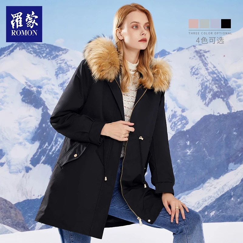 罗蒙派克服女款爆款2025新款时尚连帽大毛领中长款貉子毛领外套