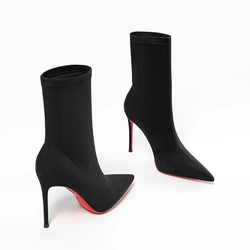 秋冬红底弹力瘦瘦靴性感百搭尖头绒面细跟弹力靴高跟红底短靴女