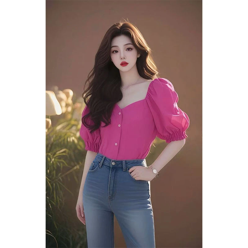 轻奢时尚高级女装款温柔甜美气质玫粉色短款衬衫方领泡泡袖上衣
