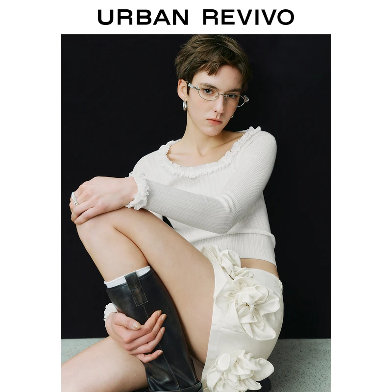 UR2025秋季新款女装简约气质木耳边褶饰针织衫UYU950042