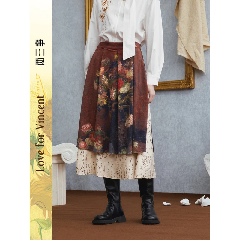 两三事梵高文艺 繁花游弋 印花双层裙摆半身裙S25DKB098