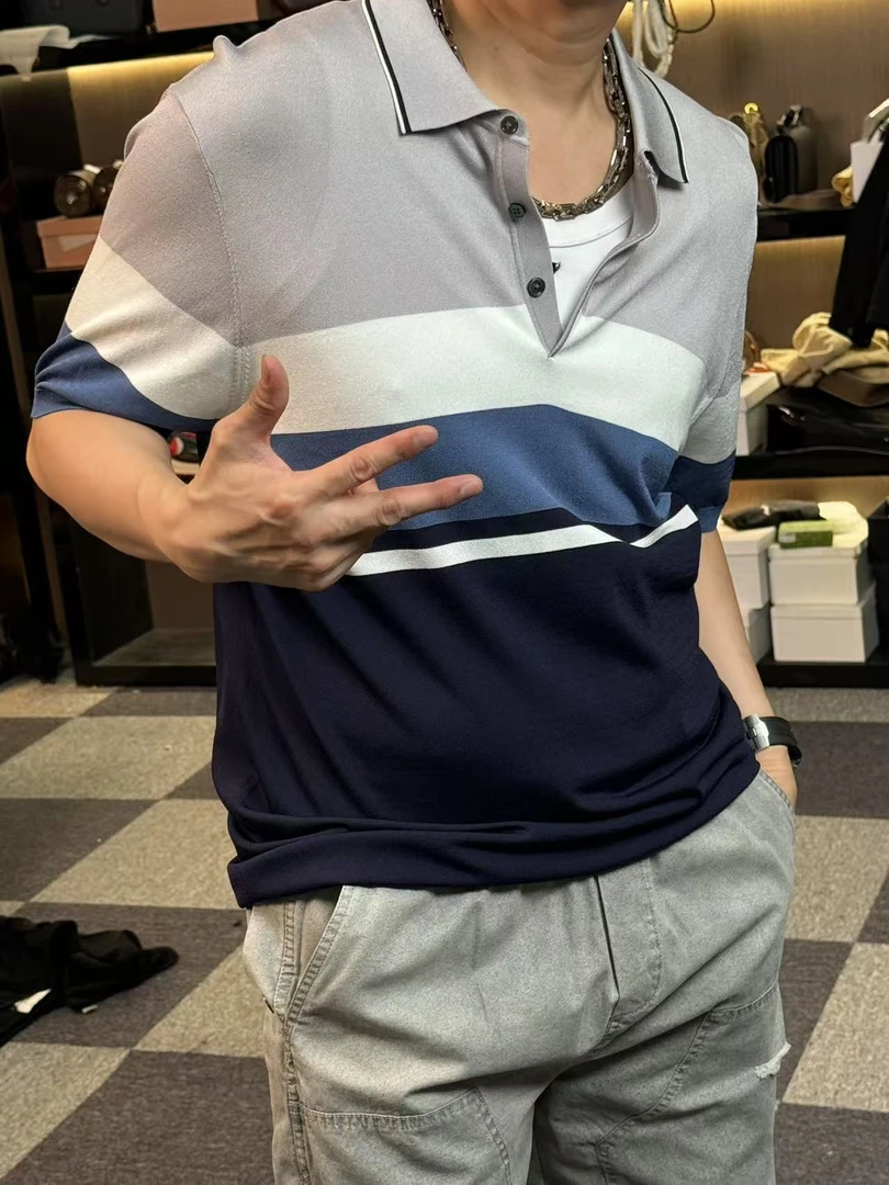 25204-拼色条纹POLO衫短袖T恤t恤男士休闲polo简约风