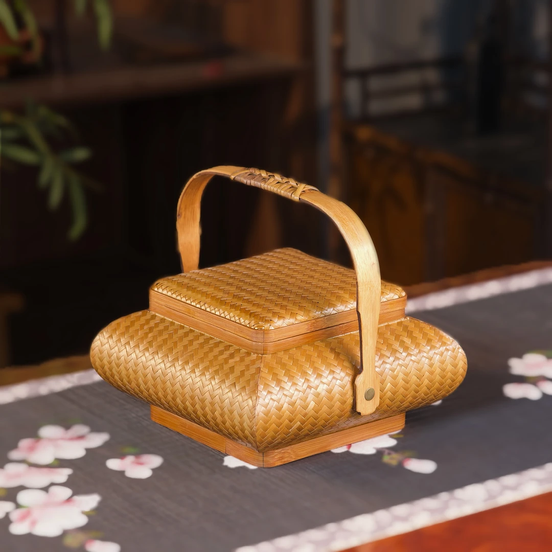 新款方形竹编大漆带把手收纳盒中式手工提篮便捷茶具收纳点心盒