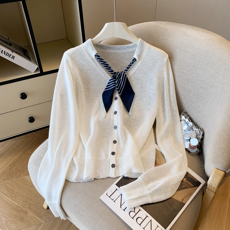 自留款推荐~设计感丝巾领带长袖针织衫女2025新款温柔风百搭上衣